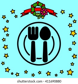 Web line icon. Cutlery, Spoon and fork on a plate