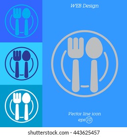 Web line icon. Cutlery, Spoon and fork on a plate