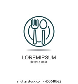 Web line icon. Cutlery, Spoon and fork on a plate