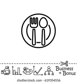 Web line icon. Cutlery, Spoon and fork on a plate