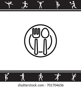 Web line icon. Cutlery, Spoon and fork on a plate