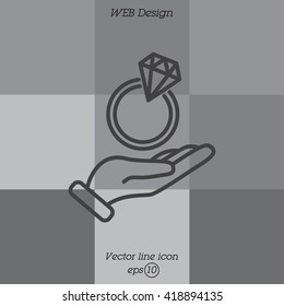 Web line icon. Diamond ring in hand