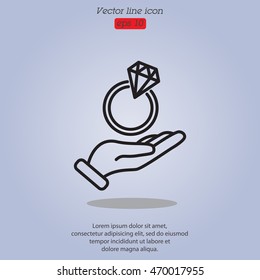 Web line icon. Diamond ring in hand