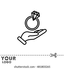 Web line icon. Diamond ring in hand