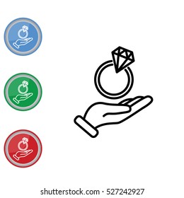 Web line icon. Diamond ring in hand
