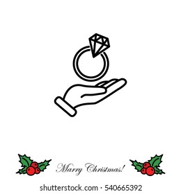 Web line icon. Diamond ring in hand