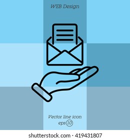 Web line icon. E-mail (open lettter) in hand.
