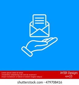 Web line icon. E-mail (open lettter) in hand.