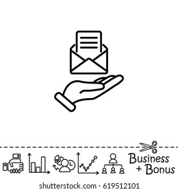 Web line icon. E-mail (open lettter) in hand.