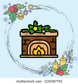 Web line icon. Fireplace, Christmas decorations