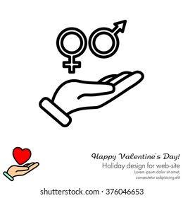 Web line icon. Gender symbol (symbols of men and women) in hand