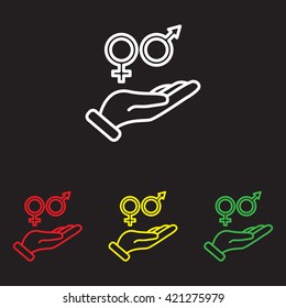 Web line icon. Gender symbol (symbols of men and women) in hand