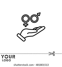 Web line icon. Gender symbol (symbols of men and women) in hand