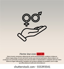 Web line icon. Gender symbol (symbols of men and women) in hand