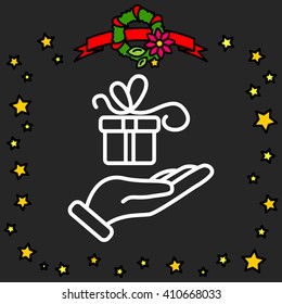 Web line icon. Gift in hand