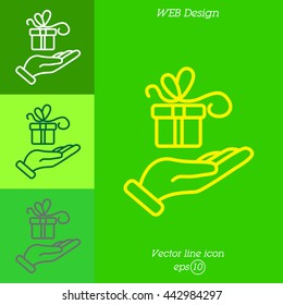 Web line icon. Gift in hand
