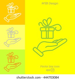 Web line icon. Gift in hand