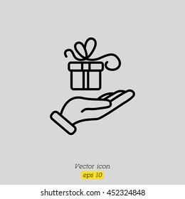 Web line icon. Gift in hand
