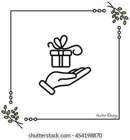 Web line icon. Gift in hand
