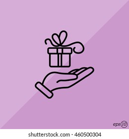 Web line icon. Gift in hand
