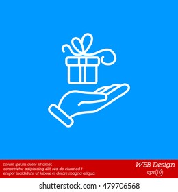 Web line icon. Gift in hand