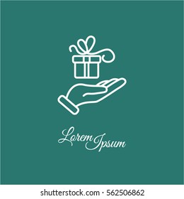 Web line icon. Gift in hand
