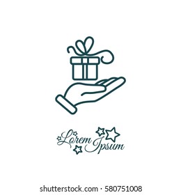 Web line icon. Gift in hand