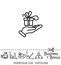 Web line icon. Gift in hand