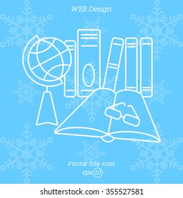 Web line icon. Globe , book and glasses (education, teaching, training)