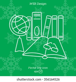 Web line icon. Globe , book and glasses (education, teaching, training)
