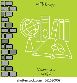 Web line icon. Globe , book and glasses (education, teaching, training)