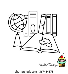 Web line icon. Globe , book and glasses (education, teaching, training)
