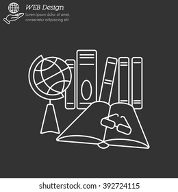 Web line icon. Globe , book and glasses (education, teaching, training)