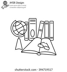 Web line icon. Globe , book and glasses (education, teaching, training)