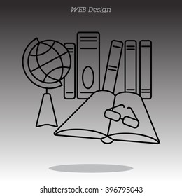 Web line icon. Globe , book and glasses (education, teaching, training)