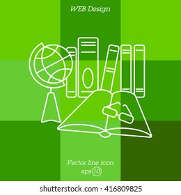 Web line icon. Globe , book and glasses (education, teaching, training)
