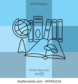 Web line icon. Globe , book and glasses (education, teaching, training)