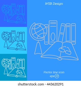 Web line icon. Globe , book and glasses (education, teaching, training)