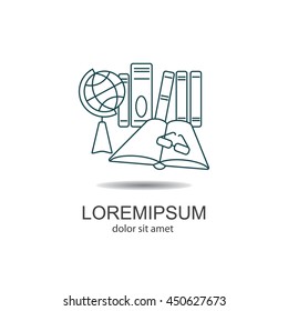 Web line icon. Globe , book and glasses (education, teaching, training)