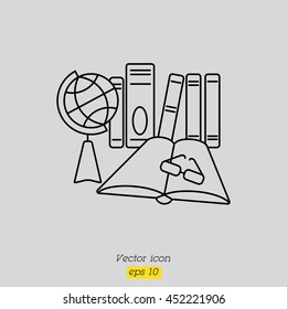 Web line icon. Globe , book and glasses (education, teaching, training)