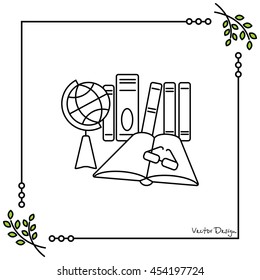 Web line icon. Globe , book and glasses (education, teaching, training)