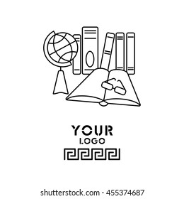 Web line icon. Globe , book and glasses (education, teaching, training)