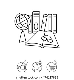 Web line icon. Globe , book and glasses (education, teaching, training)