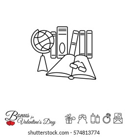 Web line icon. Globe , book and glasses (education, teaching, training)