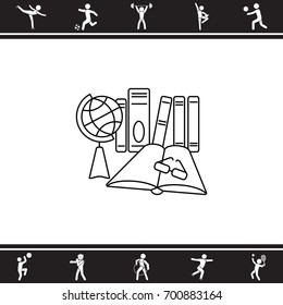 Web line icon. Globe , book and glasses (education, teaching, training)