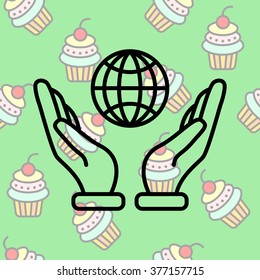 Web line icon. Globe in hand.