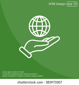 Web line icon. Globe in hand.