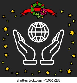 Web line icon. Globe in hand.