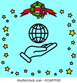 Web line icon. Globe in hand.