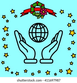 Web line icon. Globe in hand.